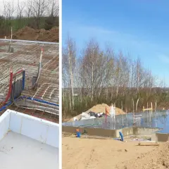 Budowa domu w toku: zbrojenie i instalacje pod betonem, gotowe ławy fundamentowe zalane betonem.