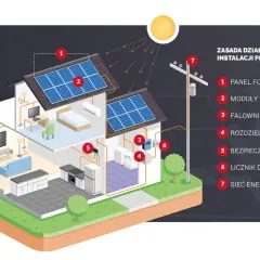 Ilustracja pokazuje, jak działa fotowoltaika: panele na dachu łapią słońce, falownik przetwarza prąd, a energia zasila dom i trafia do sieci.