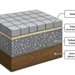 Warstwy podbudowy pod kostkę brukową: kruszywo, piasek i kostka. Solidna podbudowa to klucz do trwałości nawierzchni.