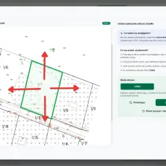 Mapa zasadnicza pokazuje obrys działki na tle mapy PDF. Możesz ją przesuwać i skalować.