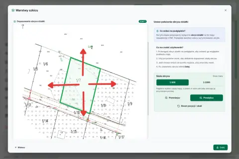 Mapa zasadnicza pokazuje obrys działki na tle mapy PDF. Możesz ją przesuwać i skalować.