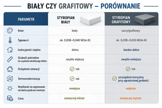 Porównanie rodzajów styropianu: białego i grafitowego, ich parametrów, izolacyjności i ceny.