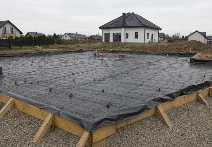 Fundament pod dom gotowy do zalania betonem. Widoczna folia pod chudziak, zbrojenie i elementy instalacji.