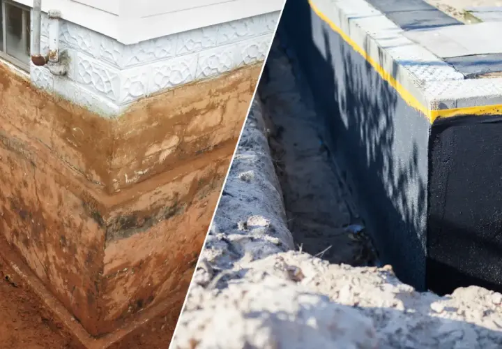 Przed i po: ocieplenie fundamentów domu. Po lewej - odsłonięty, wilgotny mur. Po prawej - zabezpieczony, czarny fundament.