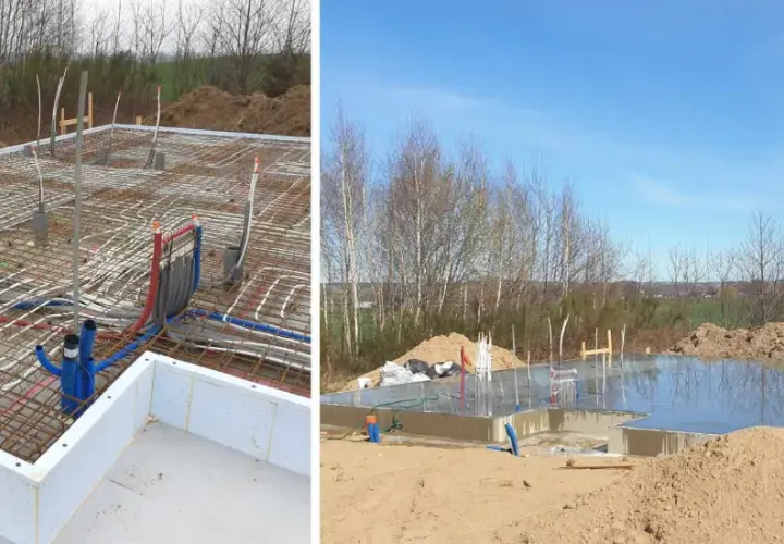Budowa domu w toku: zbrojenie i instalacje pod betonem, gotowe ławy fundamentowe zalane betonem.
