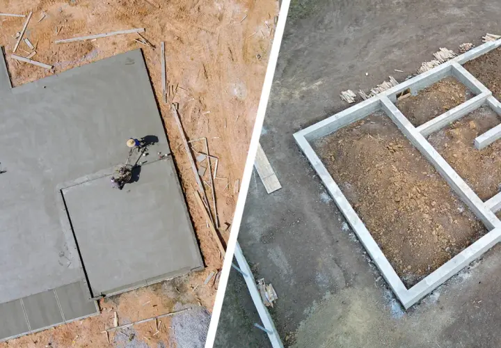 Dwa rodzaje fundamentów: płyta betonowa wylewana na miejscu i ławy fundamentowe z bloczków betonowych.