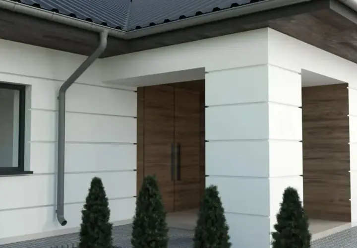 Nowoczesna elewacja z białymi boniami i drewnianymi akcentami. Eleganckie bonie na elewacji podkreślają geometryczny charakter budynku.
