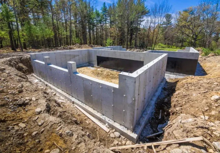 Solidny ruszt fundamentowy z betonu, gotowy na budowę domu. Otoczony ziemią i drzewami, czeka na kolejne etapy prac.