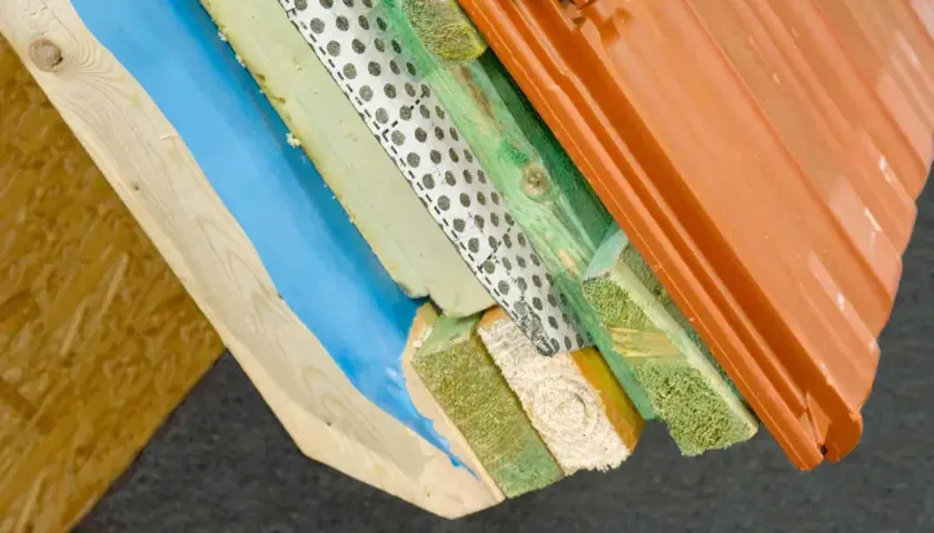 Warstwowa konstrukcja dachu z widoczną folią aluminiową paroizolacyjną, izolacją, drewnem i dachówką.