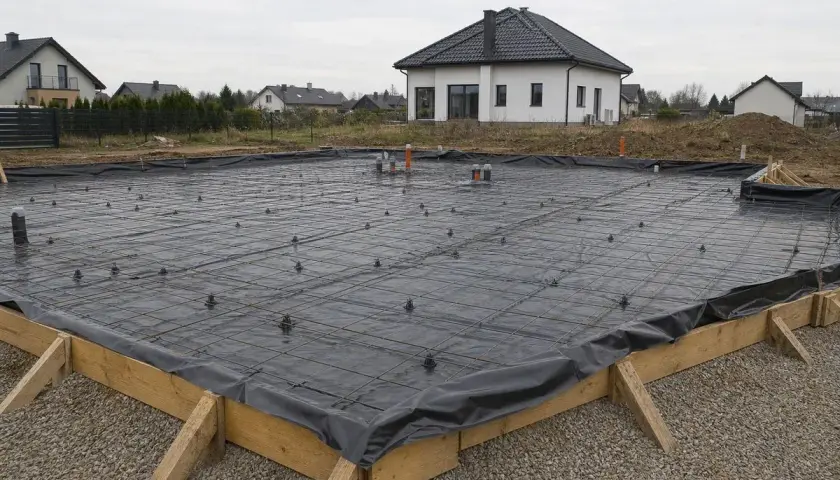 Fundament pod dom gotowy do zalania betonem. Widoczna folia pod chudziak, zbrojenie i elementy instalacji.