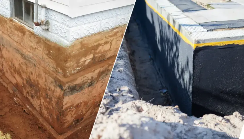 Przed i po: ocieplenie fundamentów domu. Po lewej - odsłonięty, wilgotny mur. Po prawej - zabezpieczony, czarny fundament.