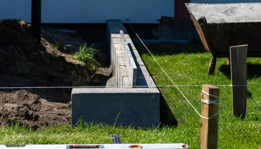 Budowa solidnego, jak głęboki fundament pod ogrodzenie. Widać betonowe bloczki, poziomicę i sznur geodezyjny.