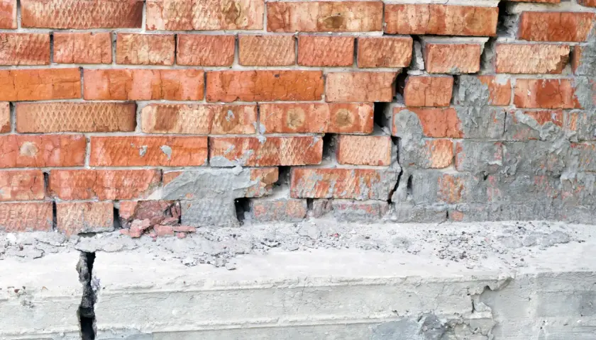 Uszkodzona ceglana ściana z widocznym pęknięciem w betonie, sugerującym podcinanie fundamentów.