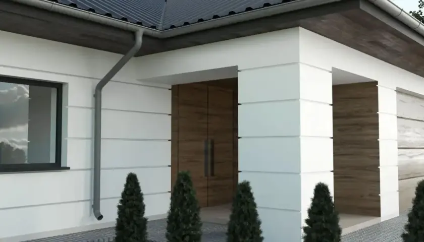 Nowoczesna elewacja z białymi boniami i drewnianymi akcentami. Eleganckie bonie na elewacji podkreślają geometryczny charakter budynku.