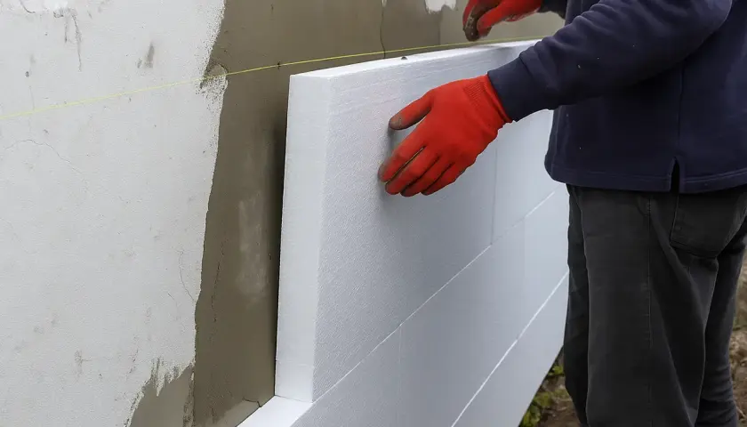 Ręce w czerwonych rękawiczkach przytwierdzają płyty styropianowe do ściany. Trwa docieplenie elewacji.