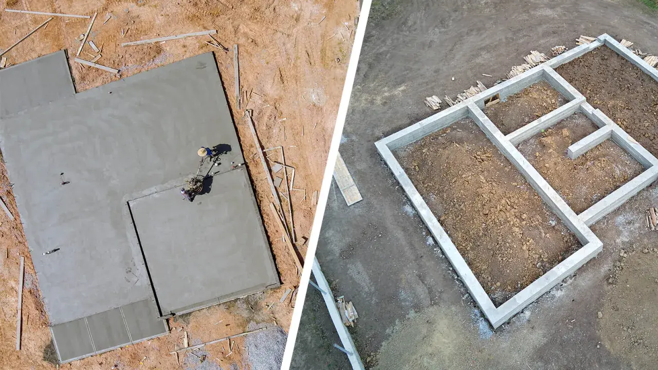 Dwa rodzaje fundamentów: płyta betonowa wylewana na miejscu i ławy fundamentowe z bloczków betonowych.
