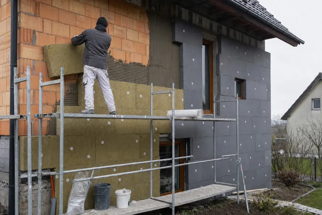 Budowlaniec montuje płyty izolacyjne na ścianie domu. To kluczowy etap prac, by wybrać odpowiedni **styropian na elewację**.